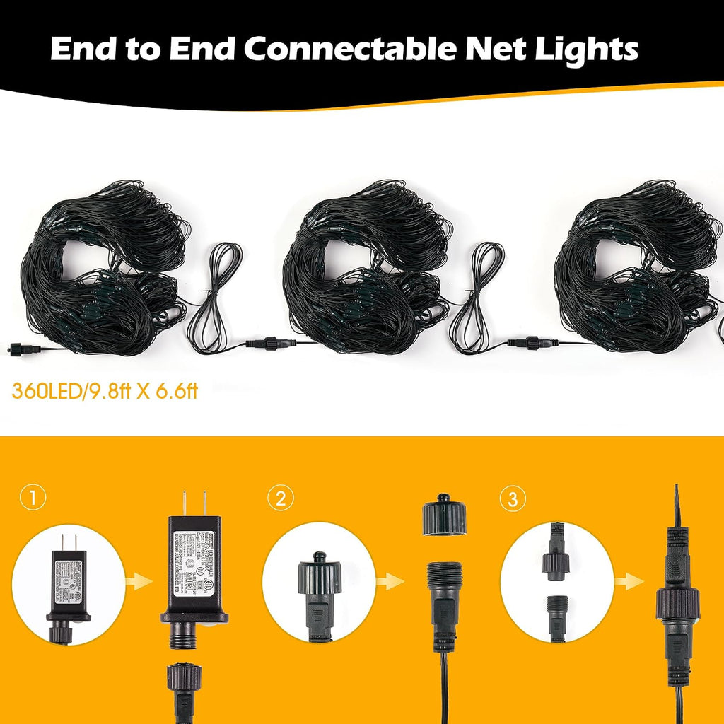 Christmas Lights Outdoor 360 LED 9.8ft x 6.6ft Christmas Net Lights with 8 Modes, UL Certified, Timer, Connectable