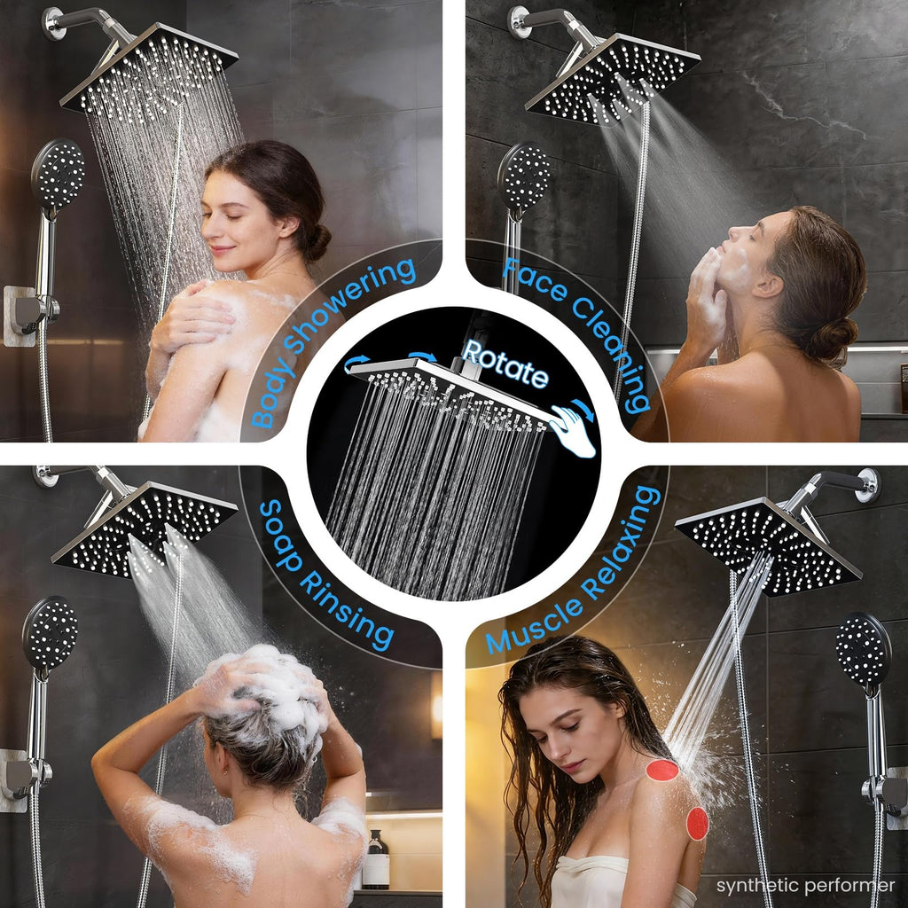 Multi-Function Rain Shower Head with Handheld, High Pressure, Square
