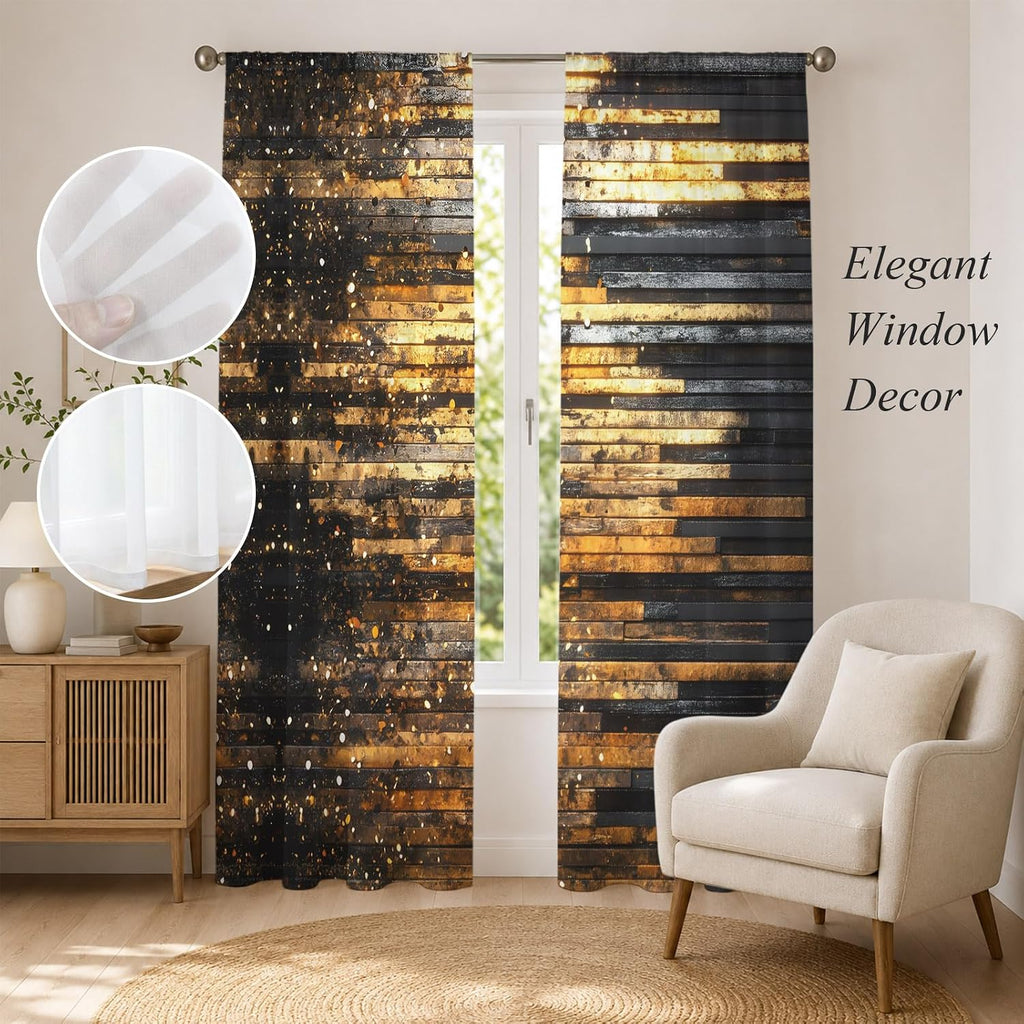 Sheer Curtains 96 Inches Long, Luxury Golden Black Light Filtering Window Curtains , Geometric Art Deco Modern Rod