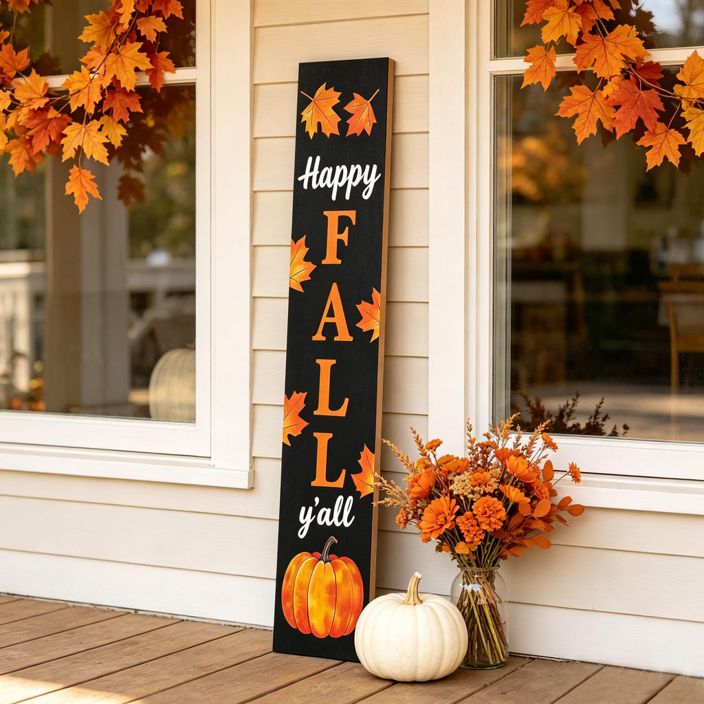 Happy Fall Y'all 47" Tall Vertical Wooden Porch Sign Black Rustic Farmhouse Fall Decor with Maple Leaf Pumpkin