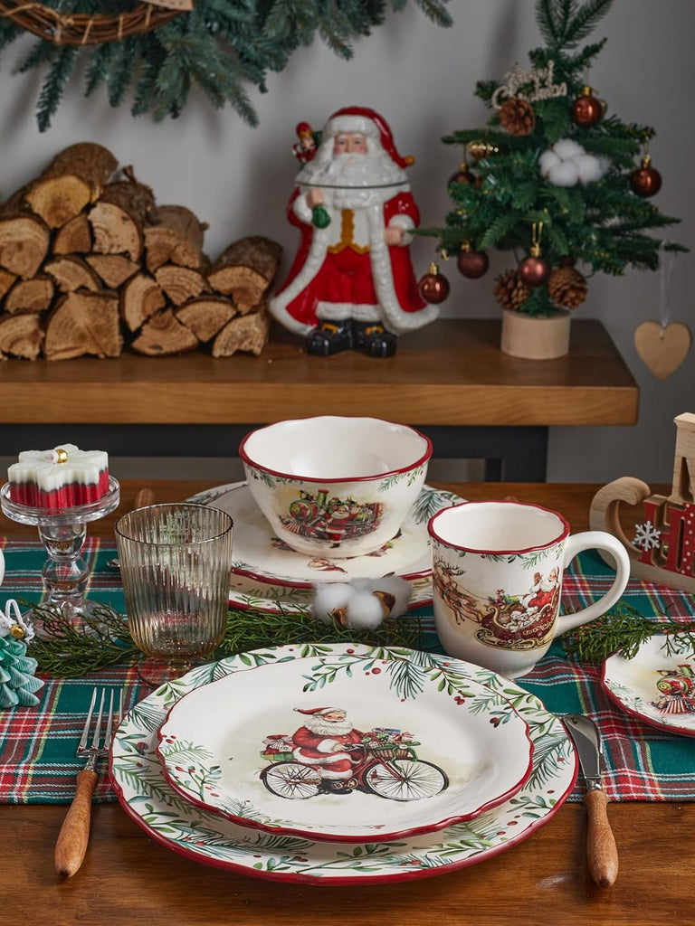 Santa On The Way Wreath Scalloped Dinner Plates Set of 4, 11 Inch Large Ceramic Plates for Pasta, Steak, Stylish