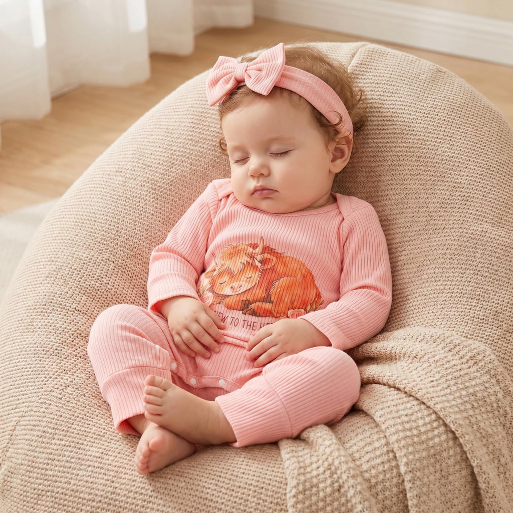 Newborn Baby Girl Clothes Western Cowgirl Jumpsuit Ribbed Knit Romper One Piece Coming Home From Hospital Outfit (B