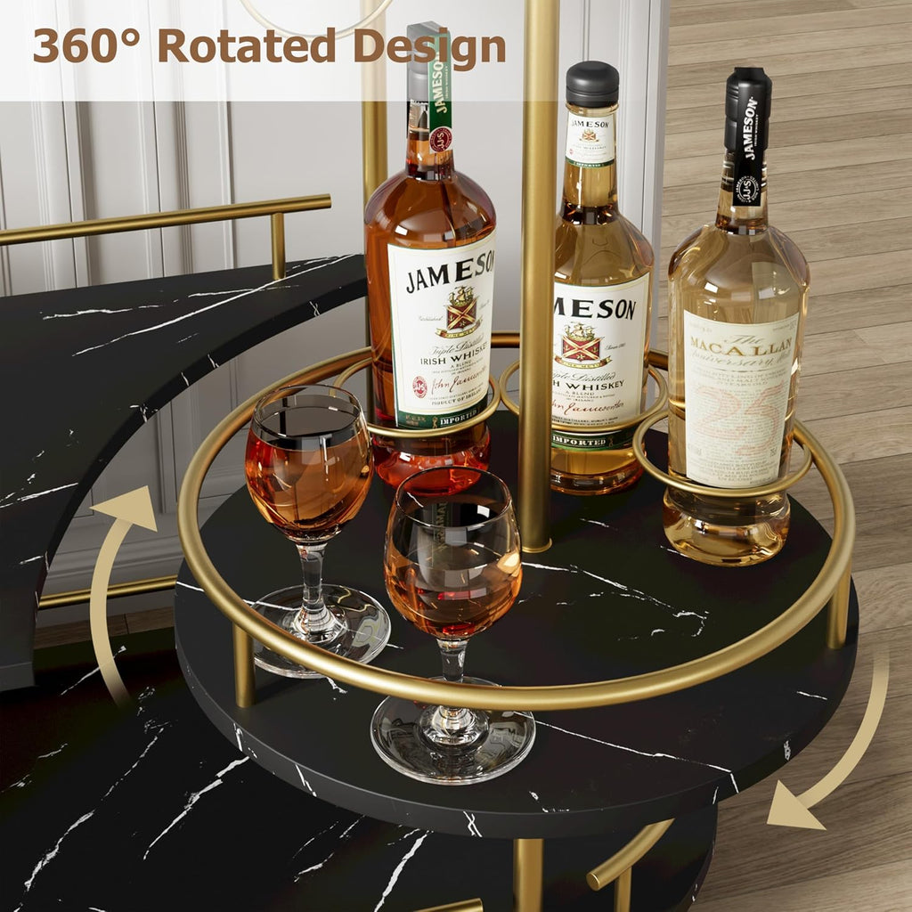 Modern 3-Tier Gold Bar Cart with Black Marble Panel - Mobile Serving Cart with Wine Rack & Glass Holder, Storage