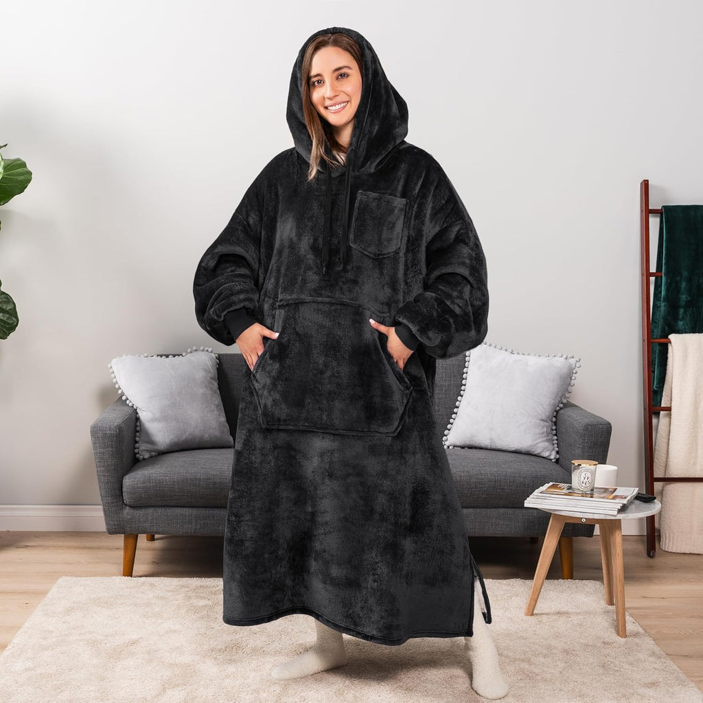 Blanket Hoodie for Women Black, Sherpa Wearable Blanket Men, Cozy Oversized Sweatshirt Blanket, Warm Fleece Hooded