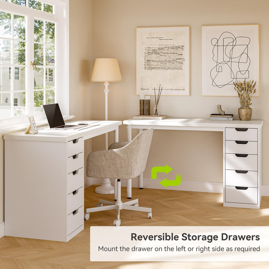 Computer Desk with 5 Drawers, 47 Inch White Modern Simple Study Writing Desk with Metal Frame, Work Desk