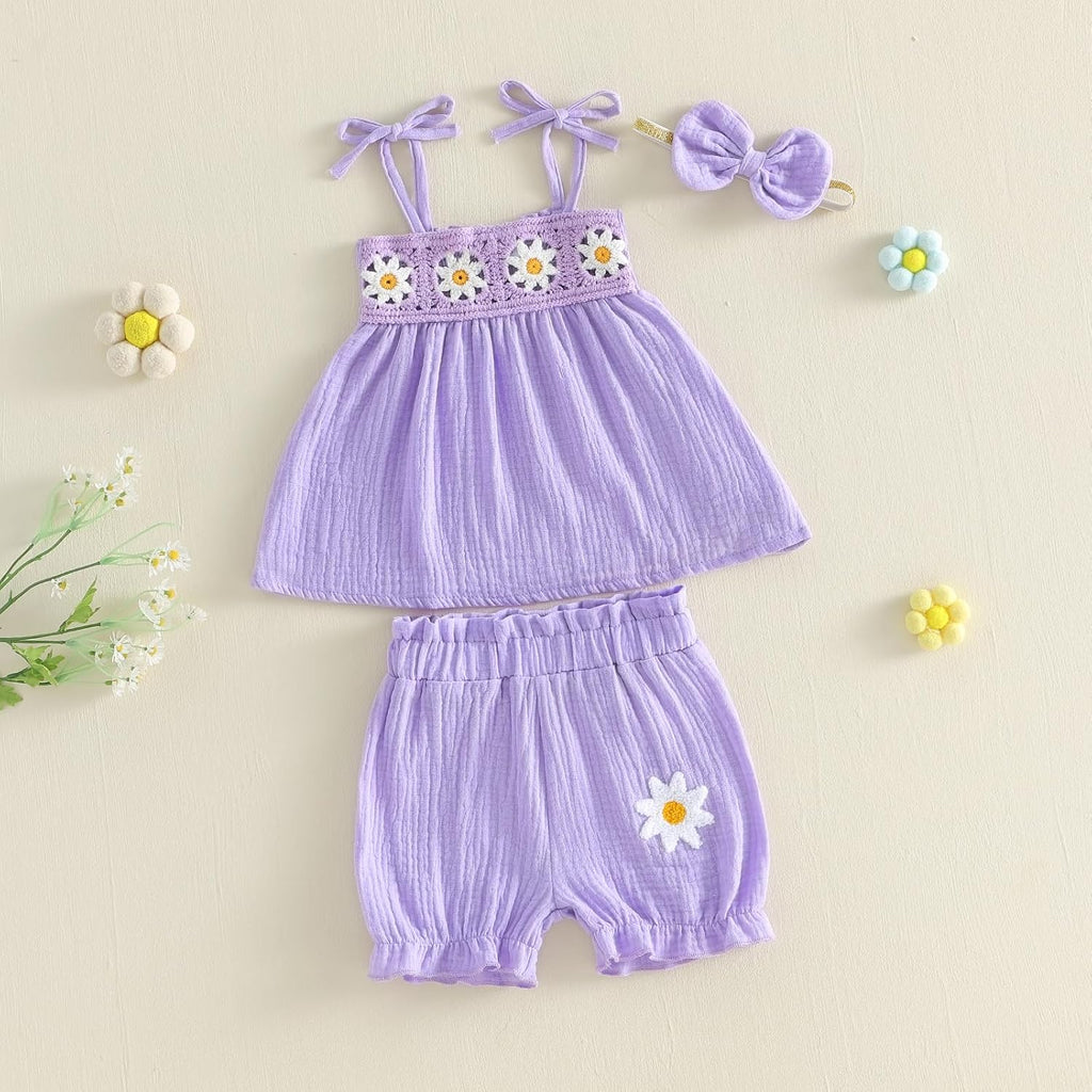 Baby Girl Summer 3 Piece Outfit Toddler Muslin Cotton Top Ruffle Bloomers Shorts Bow Headband Cute Embroidered Set