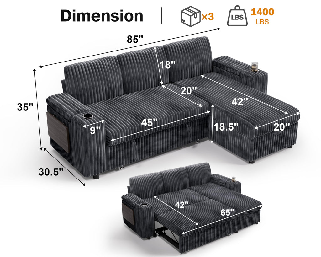 86" Modular Sectional Sleeper Sofa with Pull Out Bed, 3 Seat Plush Corduroy L Shaped Couch with Storage Chaise|USB