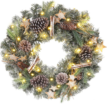 Christmas Wreaths for Front Door 20in Christmas Wreath with Pinecone Wood Stars Artificial Hanging Wreath for Xmas