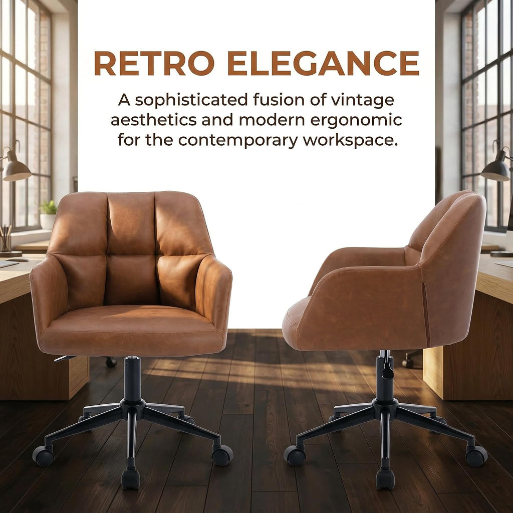 Brown Home Office Desk Chair with Wheels Faux Leather Swivel Desk Chair Upholstered Adjustable Task Armchair for
