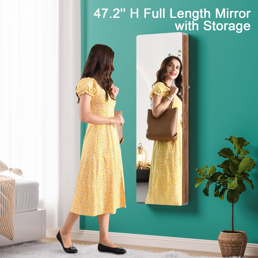Over the Door Jewelry Organizer with LED Lights, 47.2" Full Length Mirror with Storage, Wall Mounted Jewelry Armoire