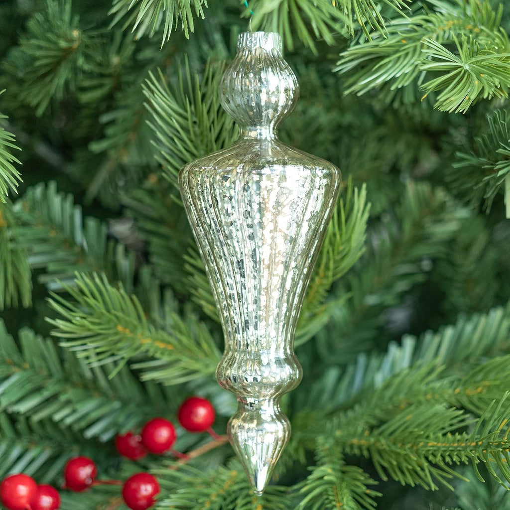 Mercury Glass Finial Christmas Ornaments Set of 4 Champagne Silver Large Hanging Christmas Finials for Xmas Tree
