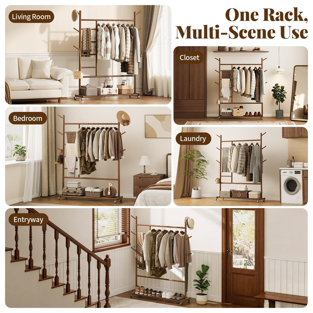 Solid Wood Clothing Rack, 4-in-1 Wooden Clothes Rack with Wheels