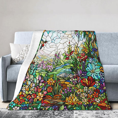 Colorful Boho Wildflower Stained Glass Throw Blanket Super Soft Air Conditioning Flannel Blankets Cozy Warm Plush