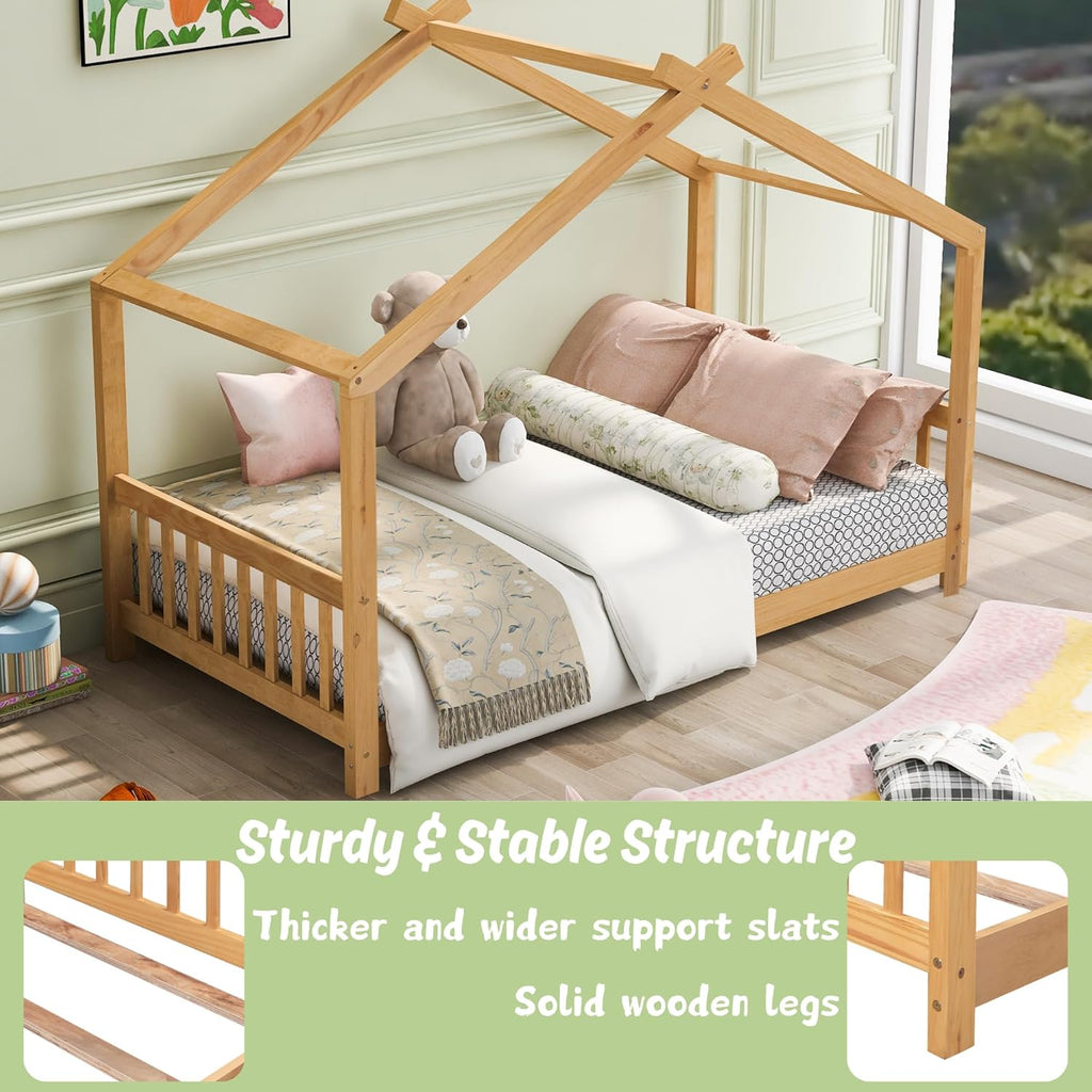 Floor House Beds Wood Montessori Bed Frame Twin Size Platform Bed with Headboard & Footboard for Kids Boys Girls