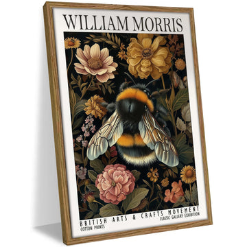 Framed William Morris Style Bee and Floral Wall Art Vintage Insect Print with Wooden Frame Gallery Paniting Poster