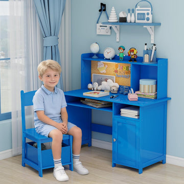 Wooden Kids Study Desk and Chair Set with Hutch and Storage Ages 3-10, Blue