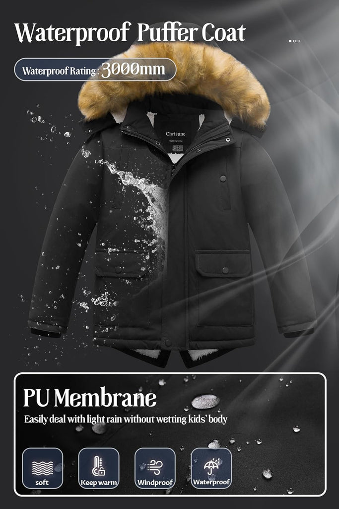Boy's Waterproof Winter Sherpa Parka Coat Med-Length Outerwear Jackets With Detachable Furry Hood