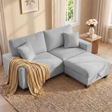 71.25" L-Shaped Sectional Sofa with Storage Ottoman, Light Gray