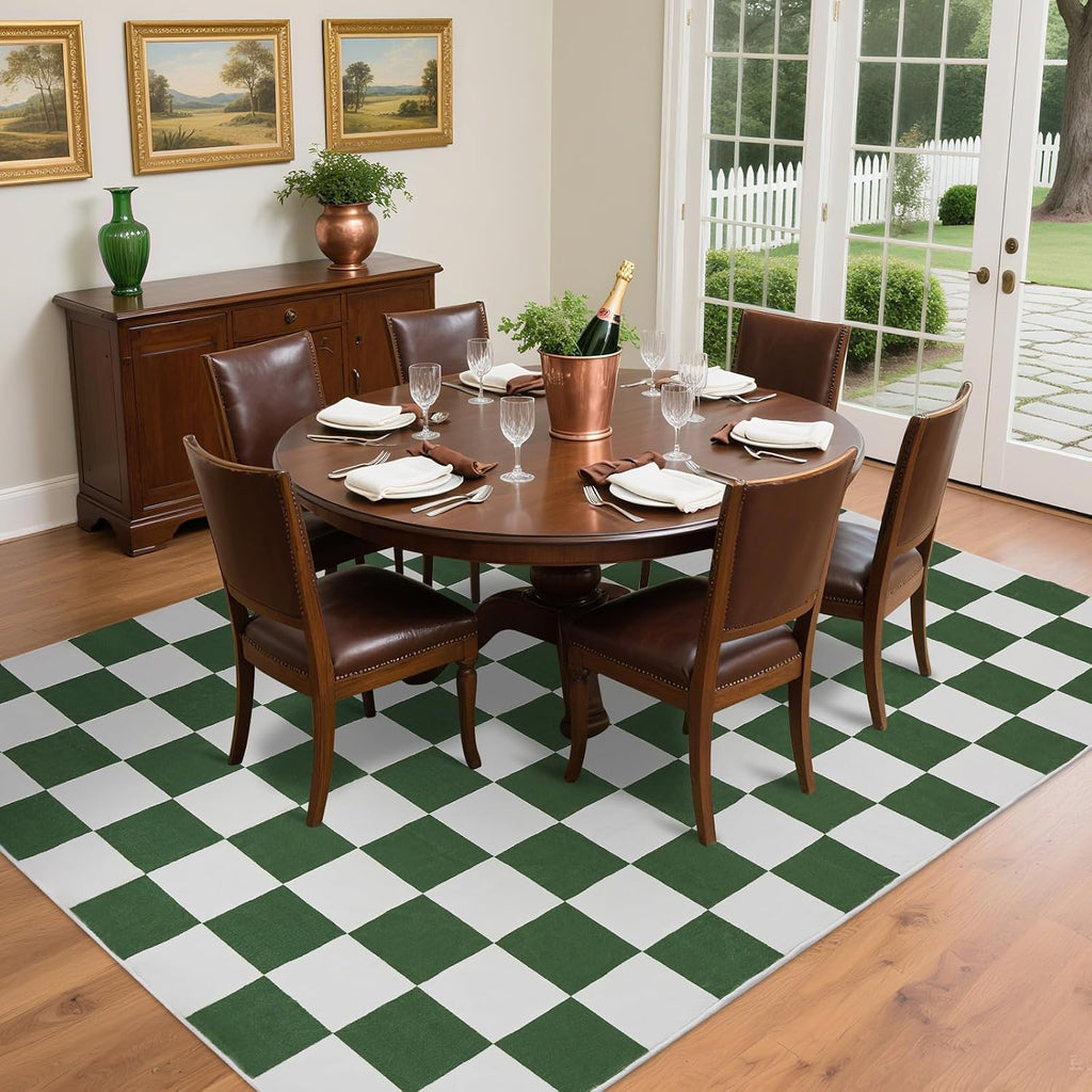 Washable Checkered Rug, 5x7 ft Green and White Rug, Low Pile Area Rugs with Non-Slip Backing Playroom Classroom