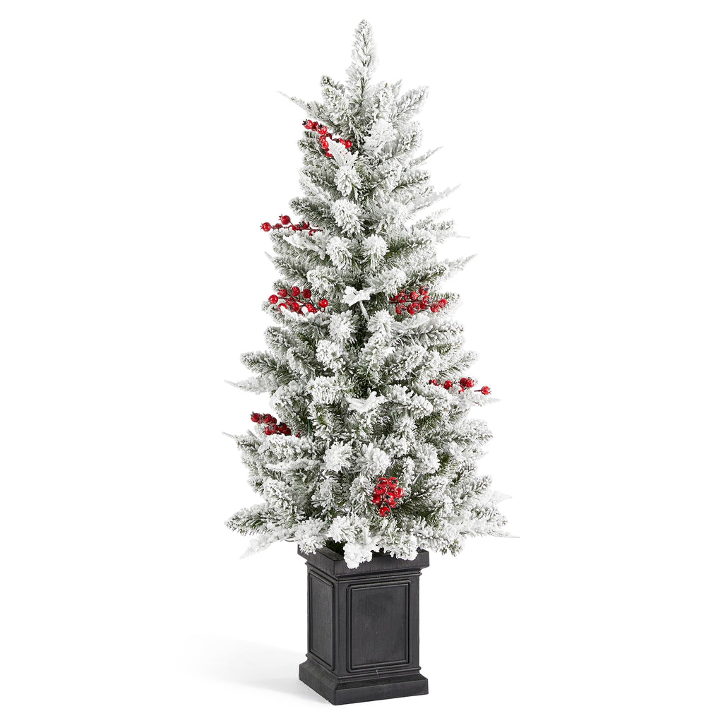 4ft Prelit Christmas Tree, Flocked Small Artificial Christmas Porch Tree with Red Berries and 60 Warm