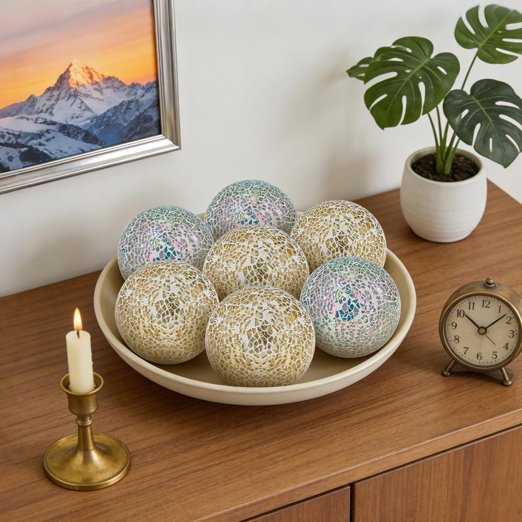 Gold Decorative Balls for Bowls 3.35inch Mosaic Glass Sphere - Set of 3