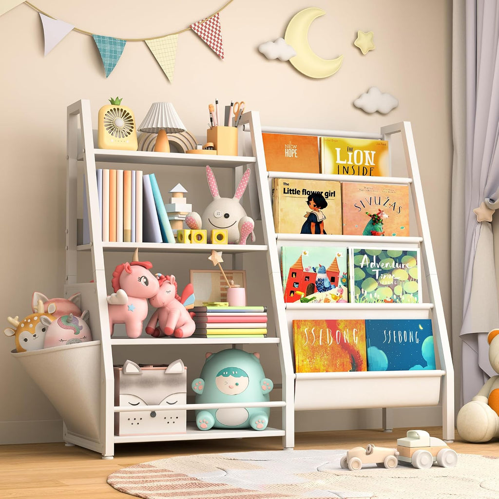Kids Bookshelf with Extra Pocket, 4 Tier Toddler Bookshelf and Toy Storage Organizer for Kids, Bookcase Nursery Book