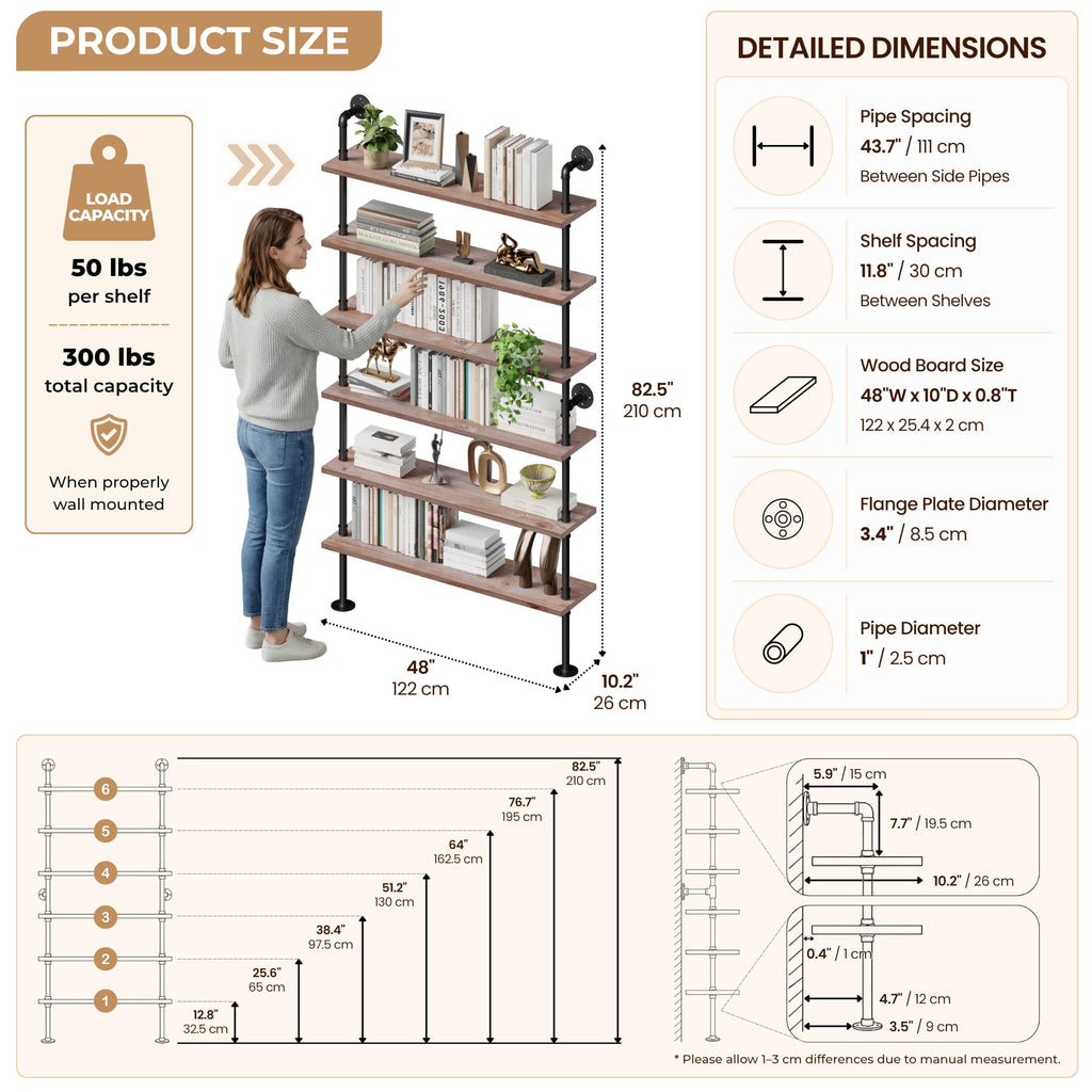 Industrial Pipe Bookshelf, Wall Mounted Shelf, 48 Inch, Weathered Brown