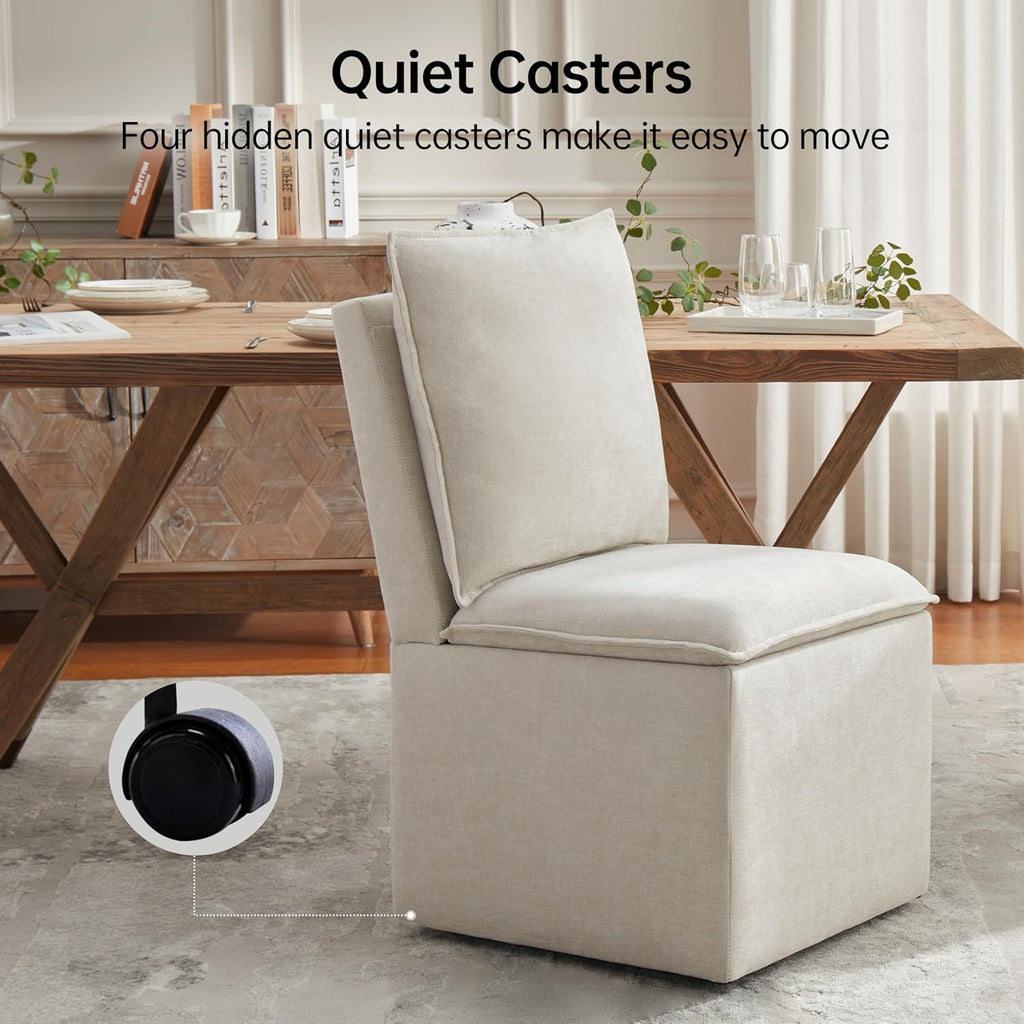 Upholstered Dining Chairs Set of 2, Modern Rolling Chairs with Storage and Wheels, Linen Armless Chair with Cushion