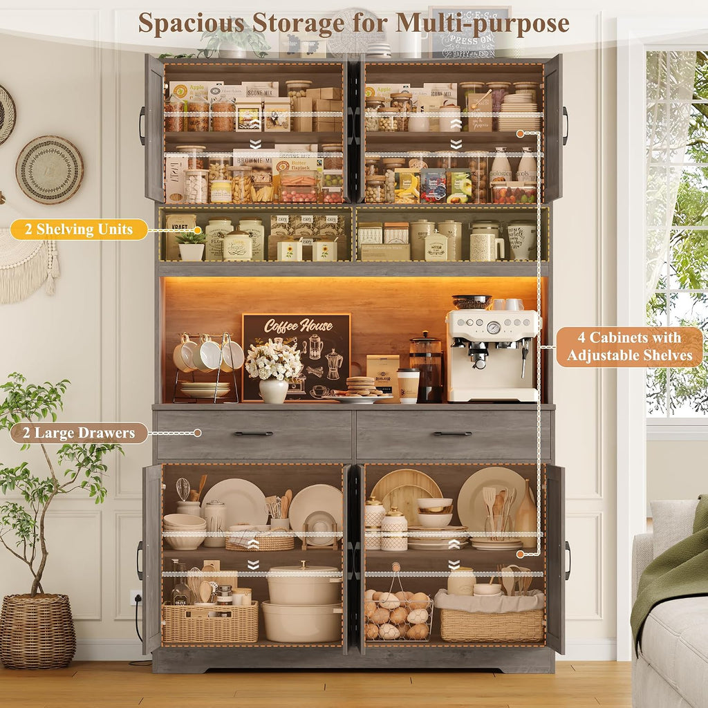 75" Tall Kitchen Pantry Storage Cabinet, 45" W Hutch Cabinet, Grey | Farmhouse Pantry Cabinet with Charging Station /