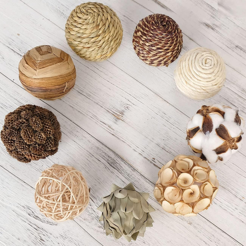 Decorative Balls Spherical Assorted Brown White Orbs Rustic Natural Twig Rattan Woven Cotton Balls for Vase Bowl - Set of 9