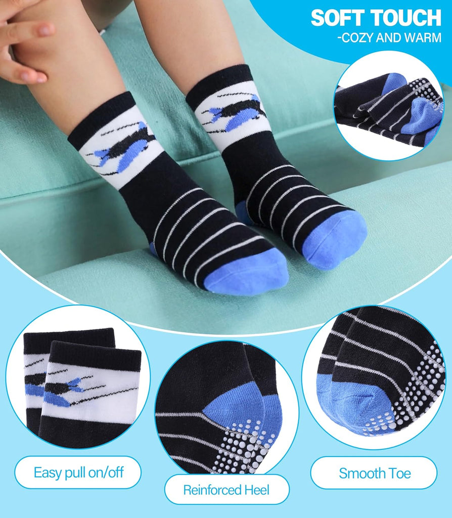 Toddlers Boys Non Slip Grip Socks Crew Cotton Socks with Grippers - 12 Pairs