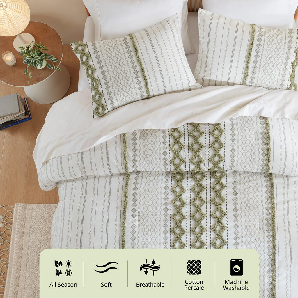 Queen Comforter Set, Boho Comforters, Breathable Cotton Bed Set, All Season Modern Chenille Tufted Comforter with