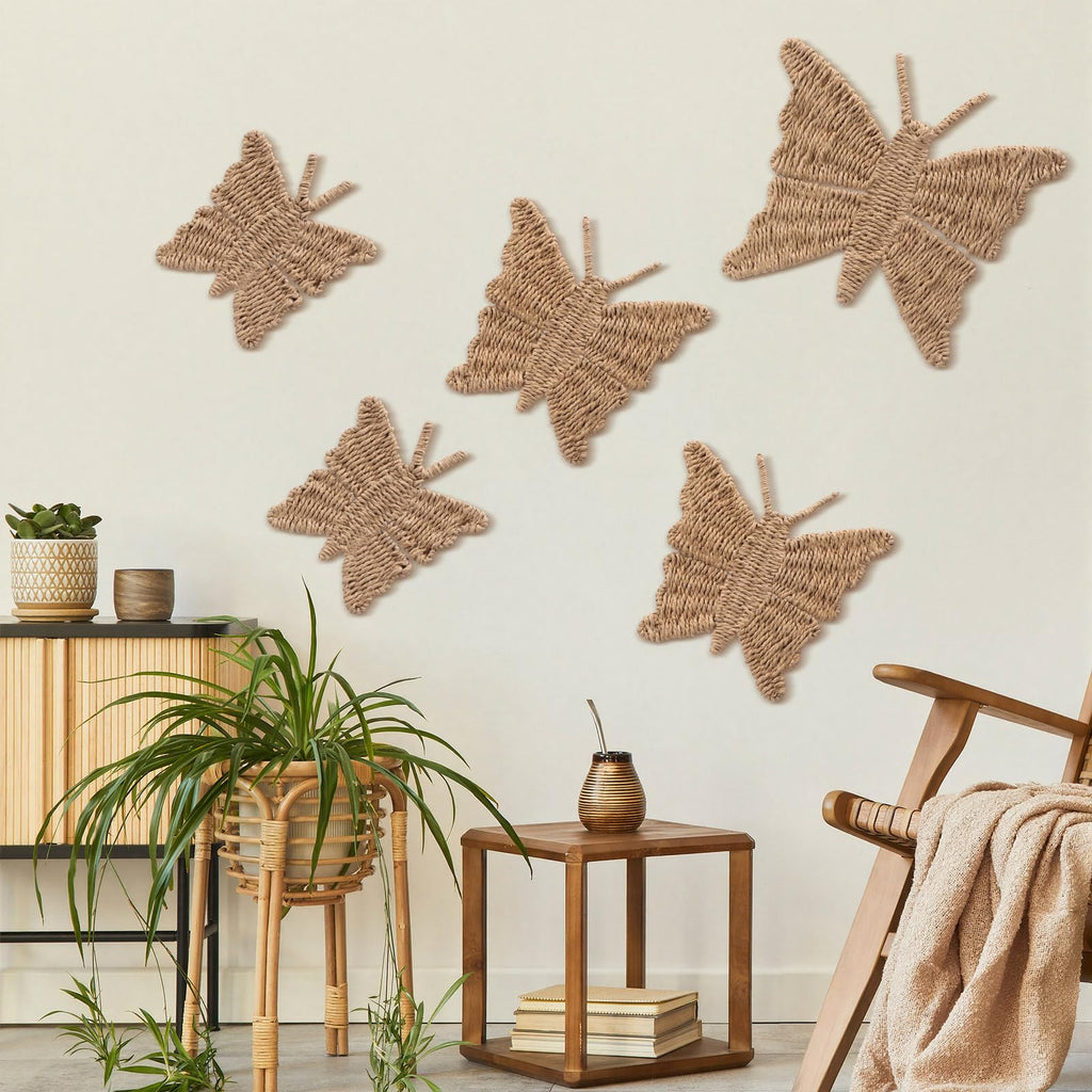 5 Pcs Butterfly Wicker Wall Decor 3 Size Spring Natural Rattan Decor Boho Wall Art Rustic Cottagecore Hanging