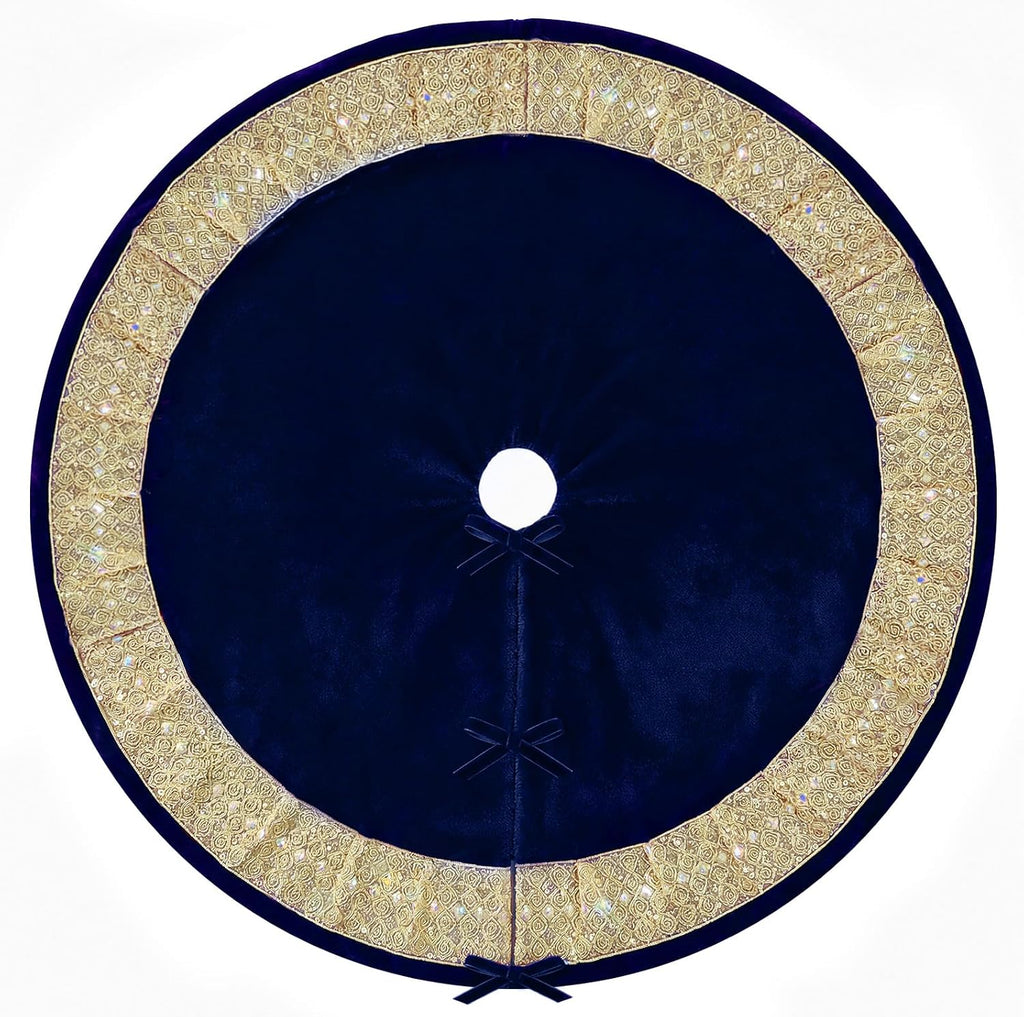 Blue Velvet Christmas Tree Skirt, Gold Glitter Trim Xmas Tree Decor