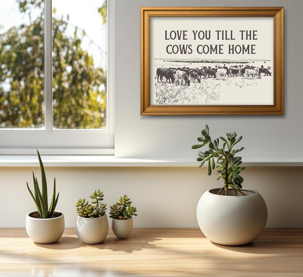 Vintage Gold Framed Cow Wall Art, Western Cowboy Country Landscape Painting Canvas Prints, Romantic Quotes Family
