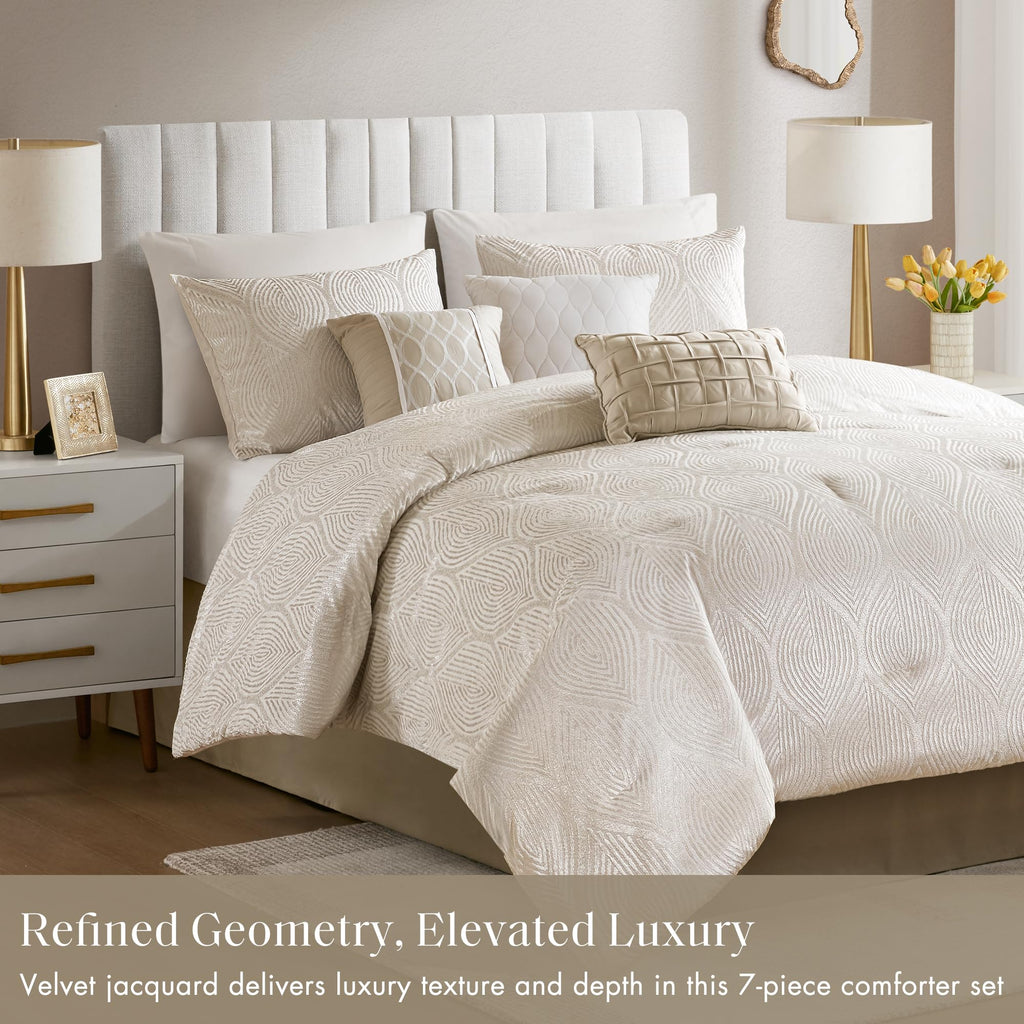 Velvet Jacquard Champagne King Comforter Set, 7pc