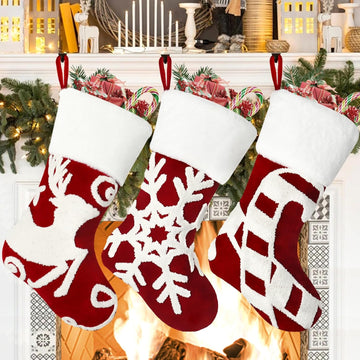 Christmas Stocking Set of 3, 18 Inch Red Christmas Stockings Embroidered Elk Snowflakes Sleigh White Plush Faux Fur