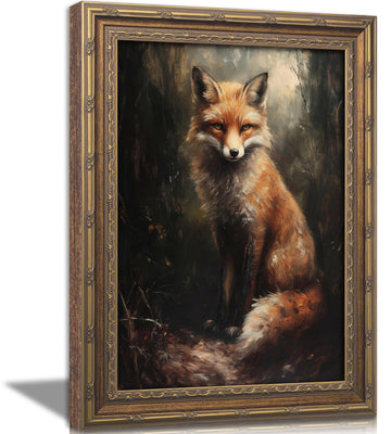 Vintage Gold Framed Wall Art, Gothic Moody Fox Oil Painting Canvas Prints, Cottagecore Picture Wall Decor, Dark