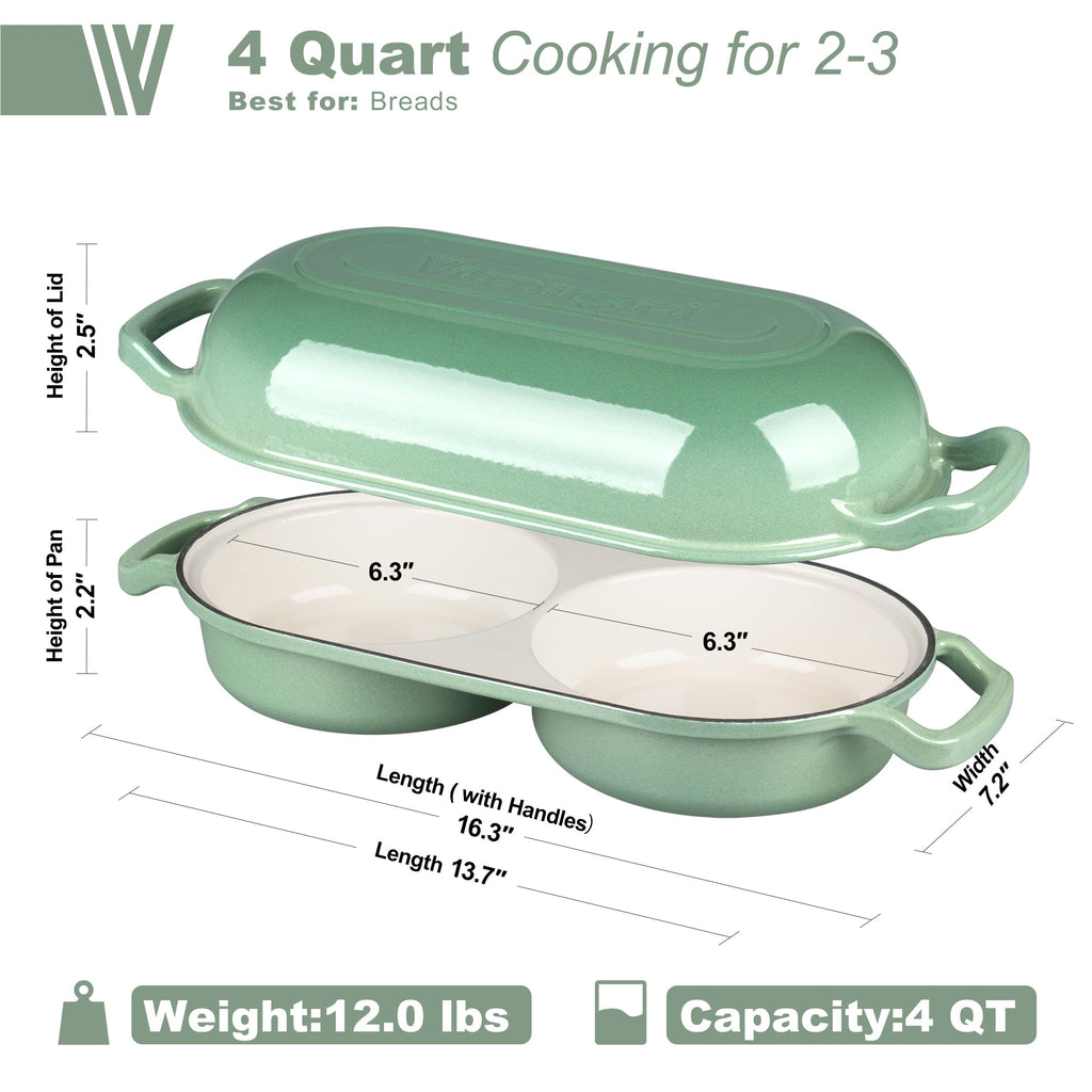 Enameled Cast Iron Double Dutch Oven with Lid, Dual Round Loaf Pan, Bread pan made Sourdough Bread Baking, Sage green
