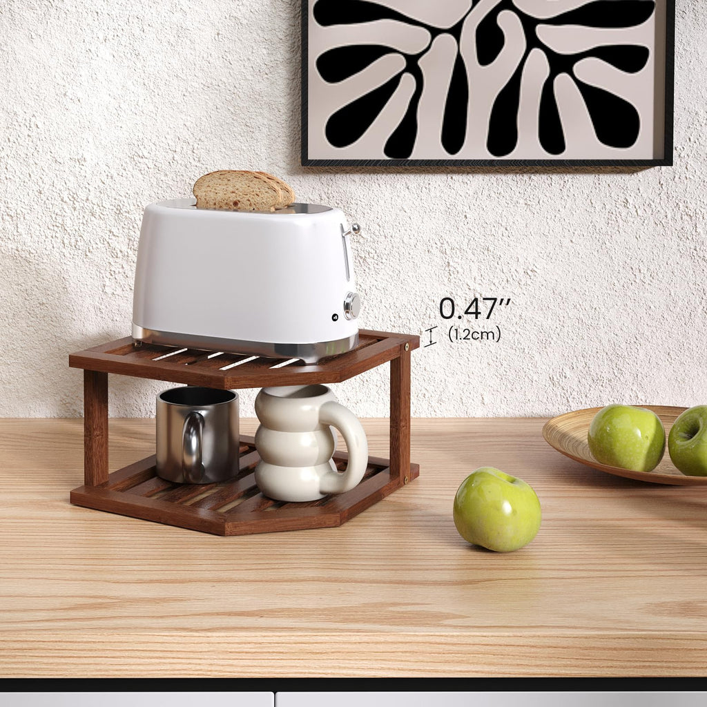 2 Tier Bamboo Corner Shelf 3 Pack Plate Organizer Kitchen(Brown)