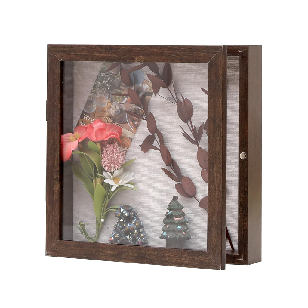 10x10 Shadow Box Frame with Linen Back, Wood Glass Display Case for Medals, Photos, Memorabilia, Awards - Pins