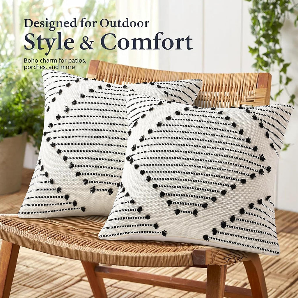 Boho Summer Outdoor Throw Pillow Covers 18X18 Set of 2, Farmhouse Decorative Pillow Covers, Black & Cream White