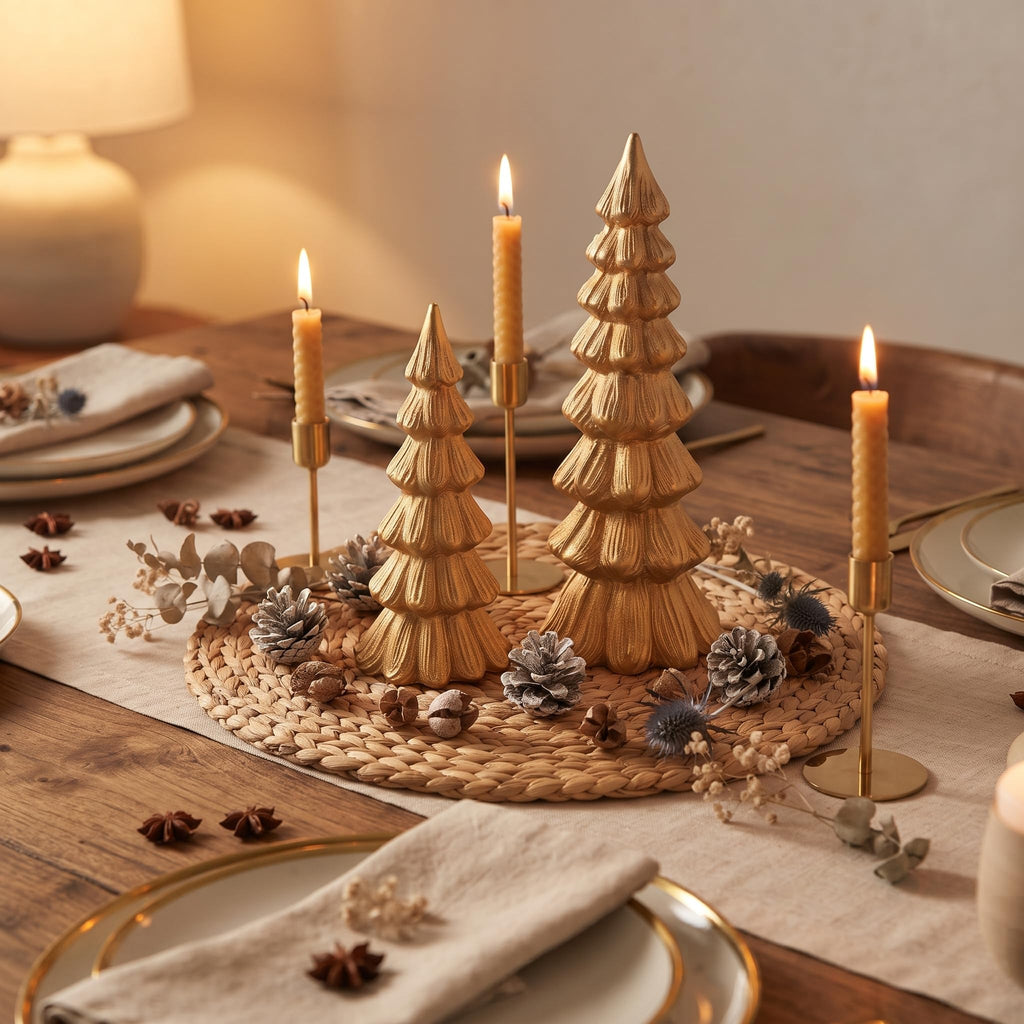 Gold Christmas Tree Decorations, 2Pcs Resin Tabletop Xmas Tree Figurines