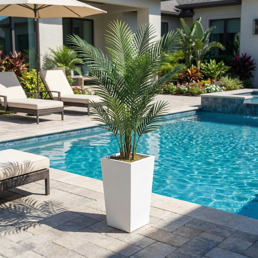 5FT Artificial Palm Tree, Tall Faux Tropical Areca Plants with White Tall Planter, Fake Potted Tree with Lifelike