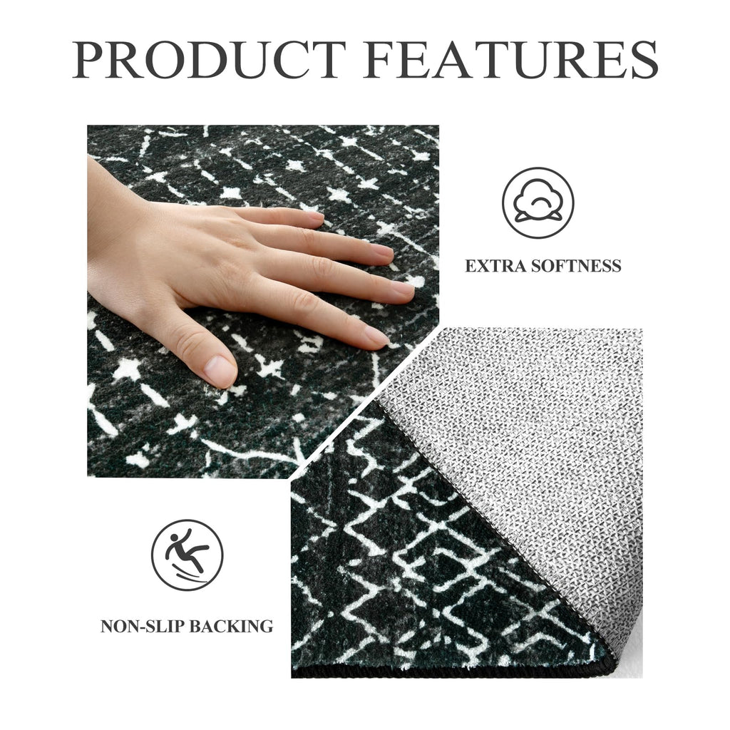 Moroccan Black Runner Rug Non-Slip, Kitchen Rug Runner Washable Non-Skid Hallway, Geometric Print Distressed