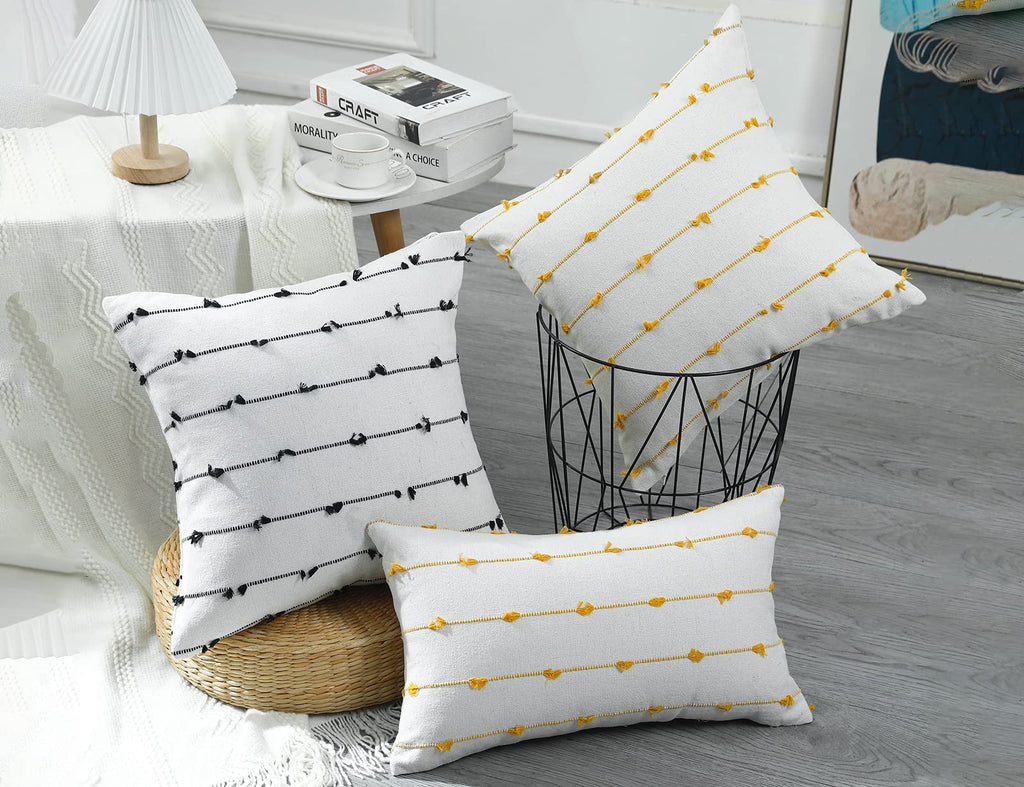 Set of 2 Boho Throw Pillow Covers 30x30, Black Off White Neutral Couch Pillow Case with Tassel Fringe