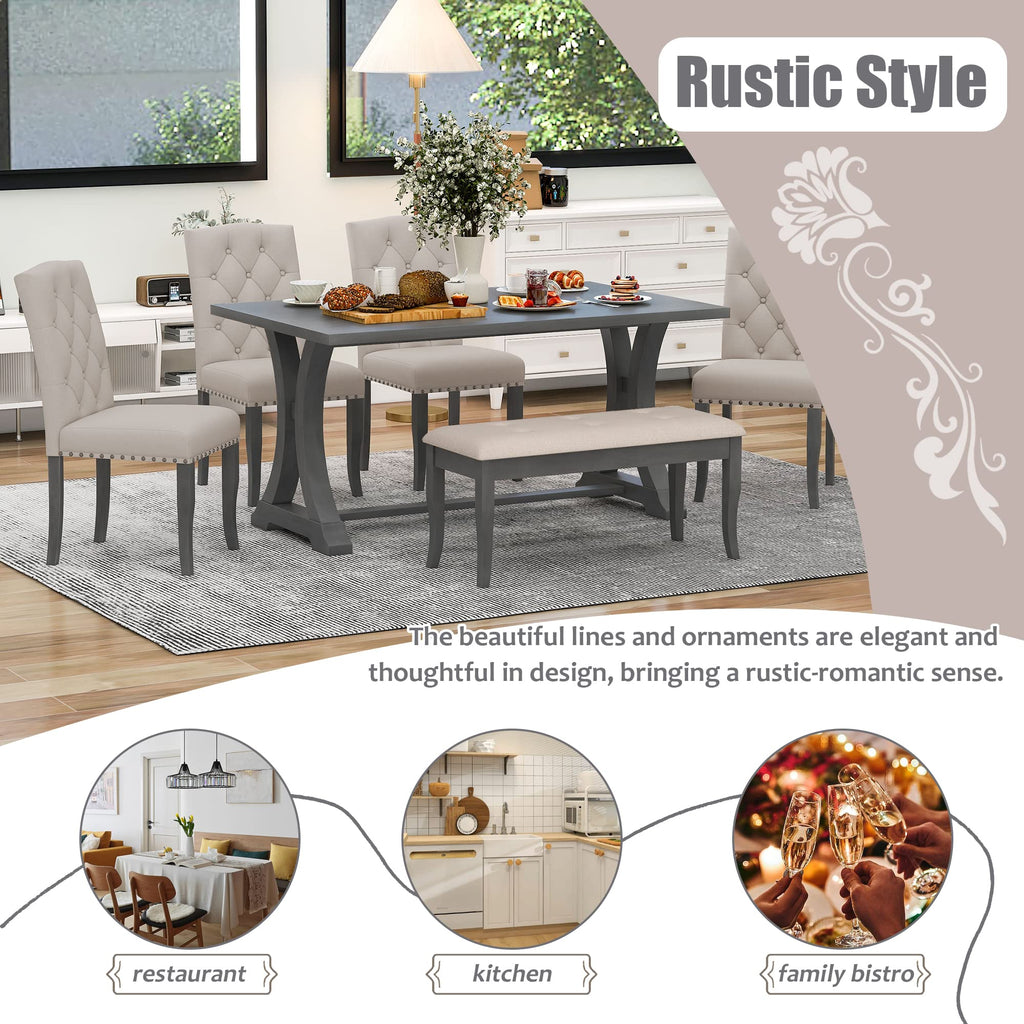 6-Piece Dining Table Set with Bench for 6 Rectangular Kitchen Table Set with 4 Chairs Retro Dining Room Table and
