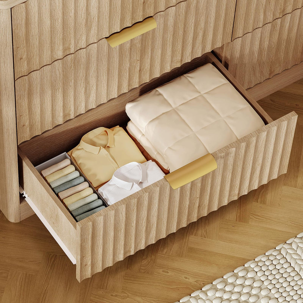 Fluted 6 Drawer Dresser, Wide Modern Chest of Drawers with Metal Handle, Curved Profile Design, Wood Closet Clothes