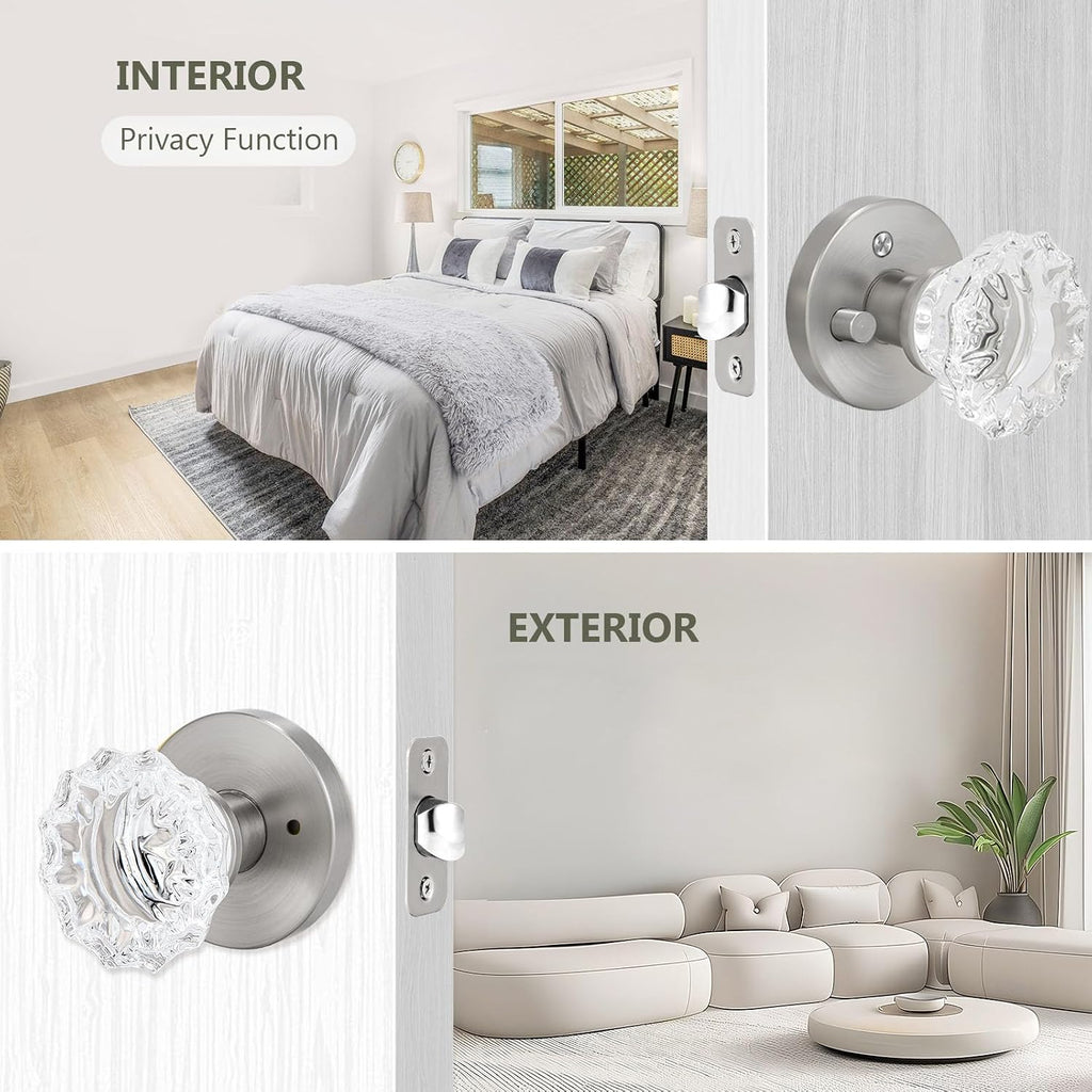 Solid Crystal Glass Door Knobs (Stain Nickel, Privacy)