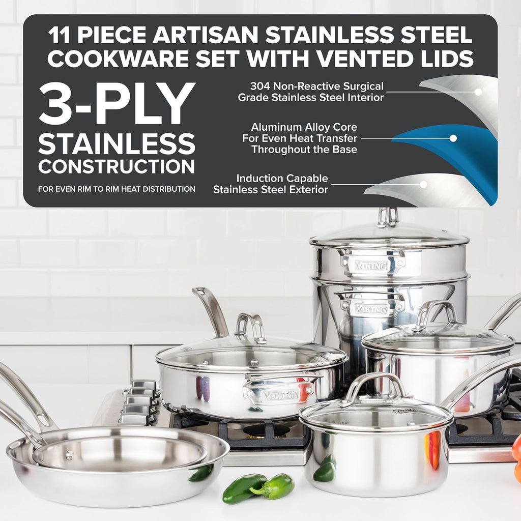 Artisan 3-Ply Stainless Steel 11-Piece Cookware Set with Vented Glass Lids, Fry Pans, Saucepans, Saute Pan, Stock Pot